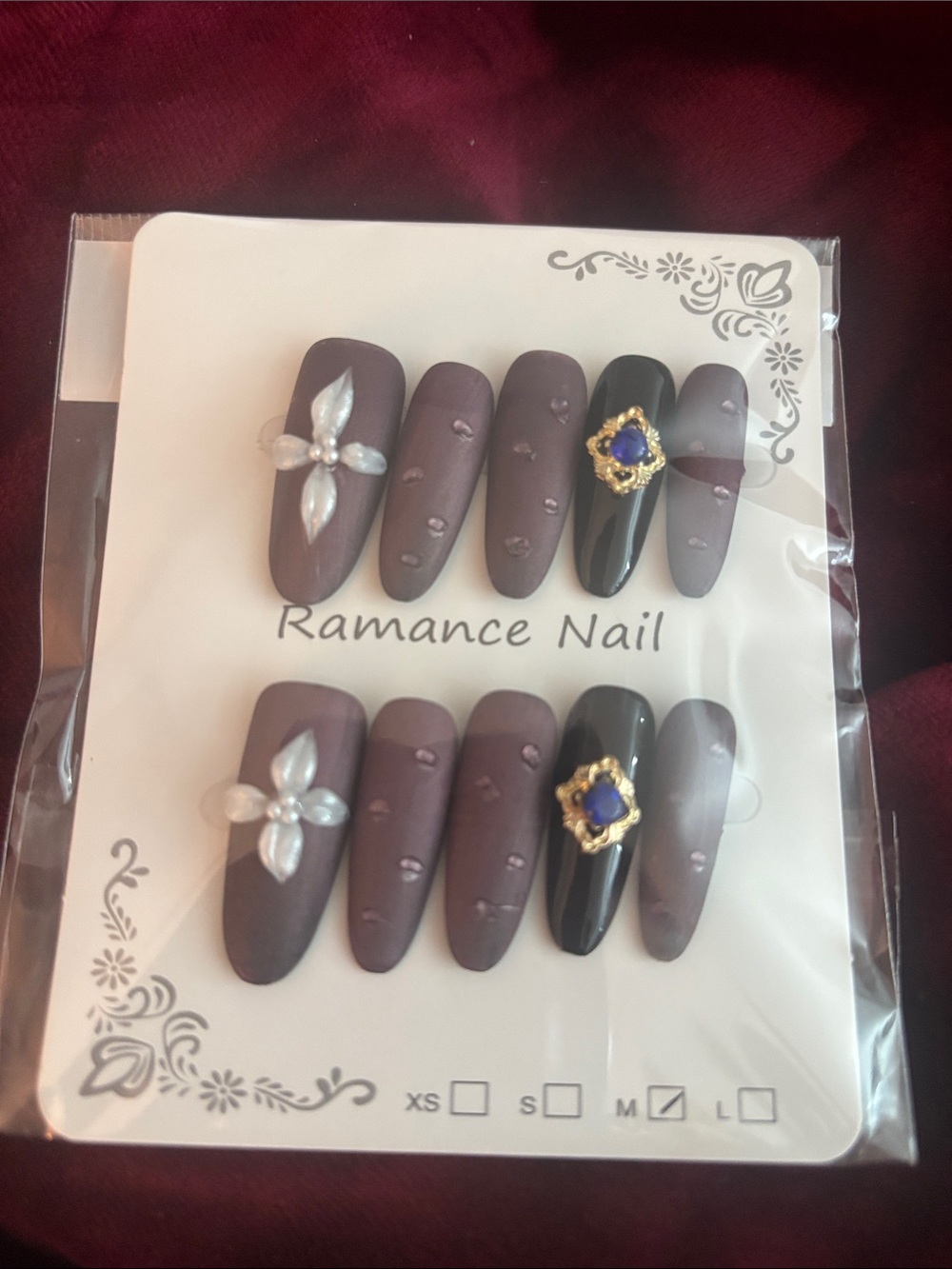 Romance Nail Matte Plum & Black Press-On Nail Set with Jewel Accents